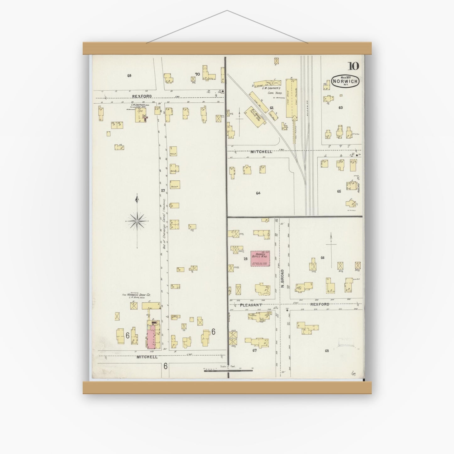 Old map wall art mockup — magnetic wood frame on white wall — Sanborn Fire Insurance Map from Norwich, Chenango County, New York (1897), Sheet #0010