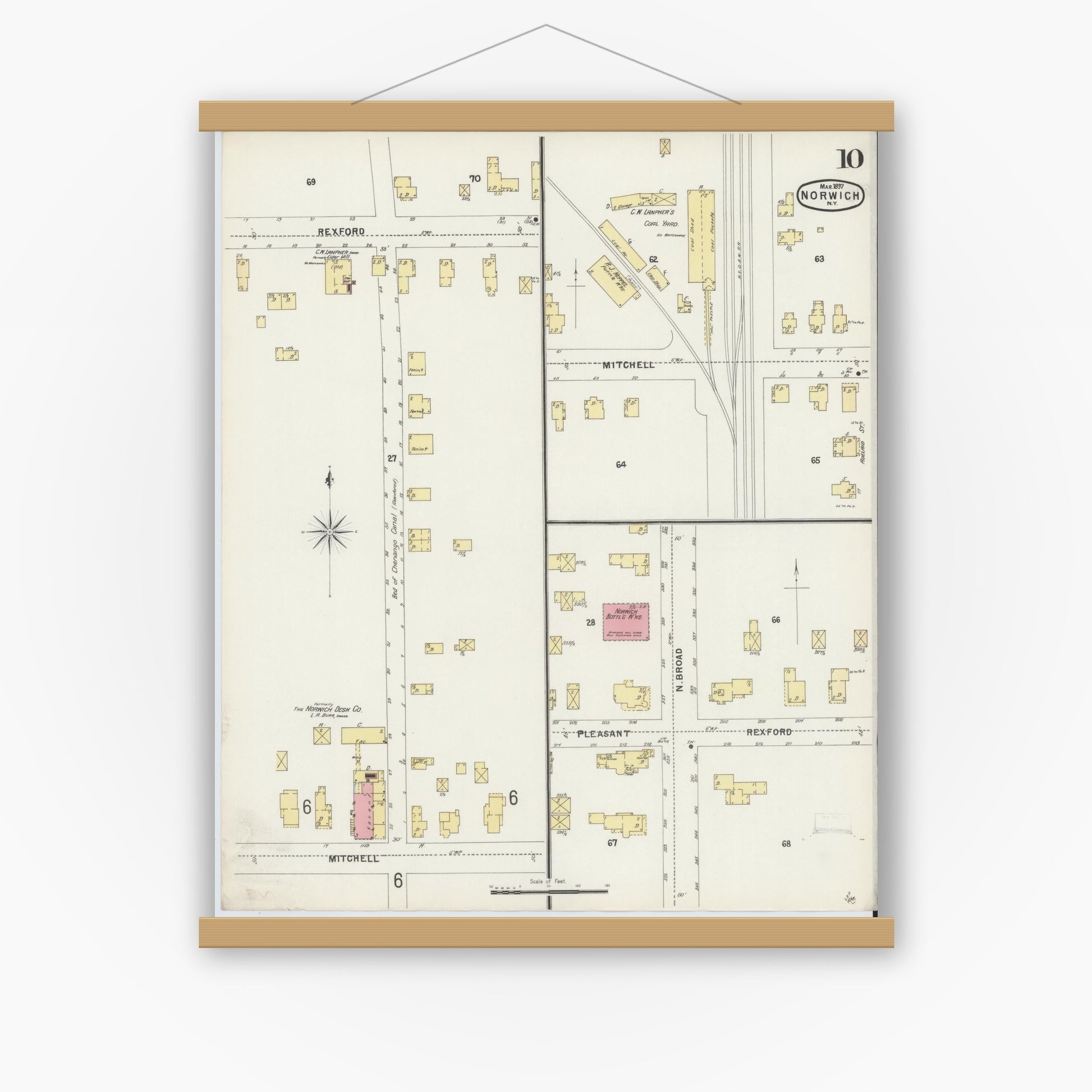 Old map wall art mockup — magnetic wood frame on white wall — Sanborn Fire Insurance Map from Norwich, Chenango County, New York (1897), Sheet #0010