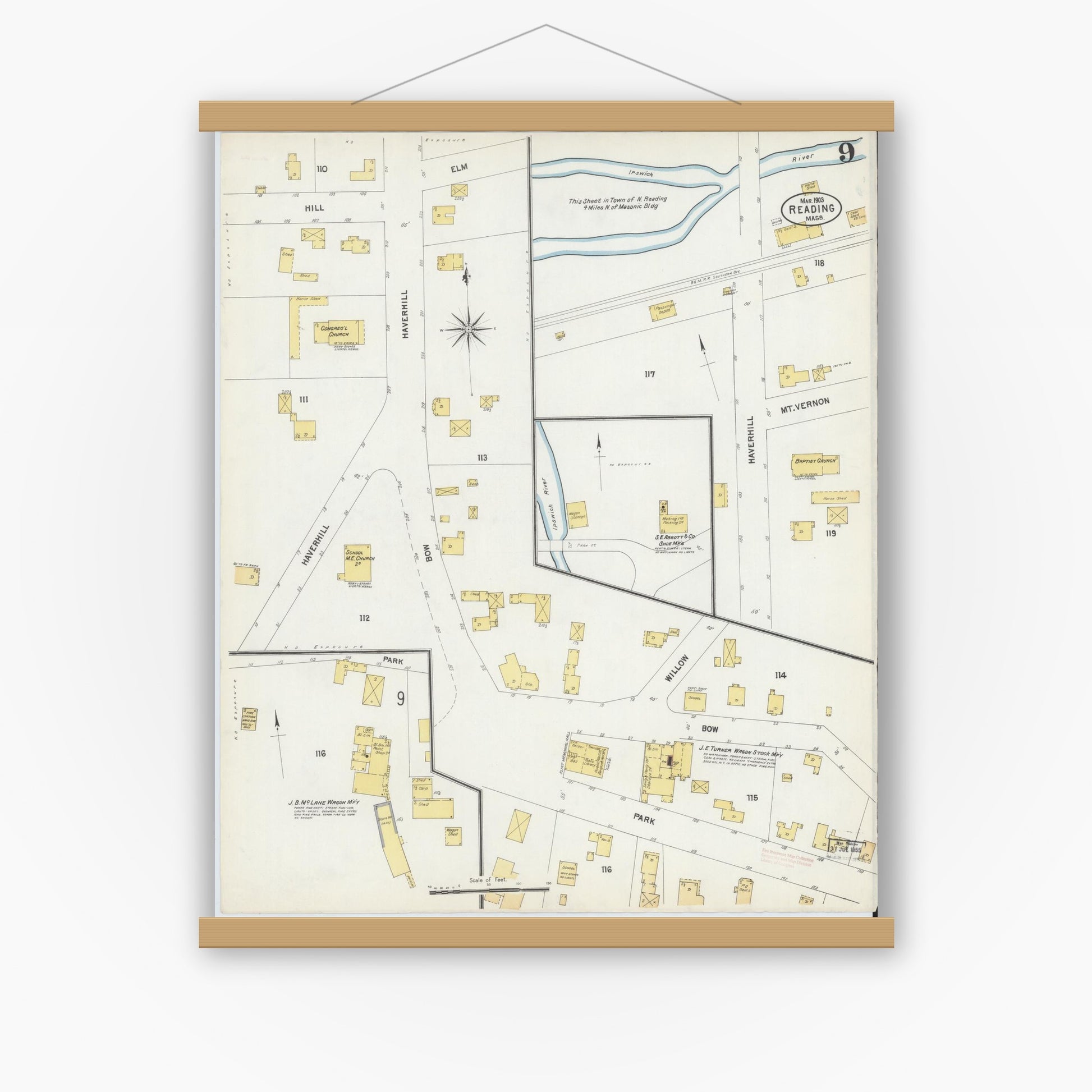 Old map wall art mockup — magnetic wood frame on white wall — Sanborn Fire Insurance Map from Reading, Middlesex County, Massachusetts (1903), Sheet #0009
