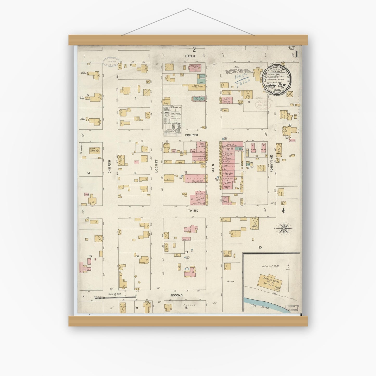 Old map wall art mockup — magnetic wood frame on white wall — Sanborn Fire Insurance Map from Grand View, Spencer County, Indiana (1898) - Complete Map Set