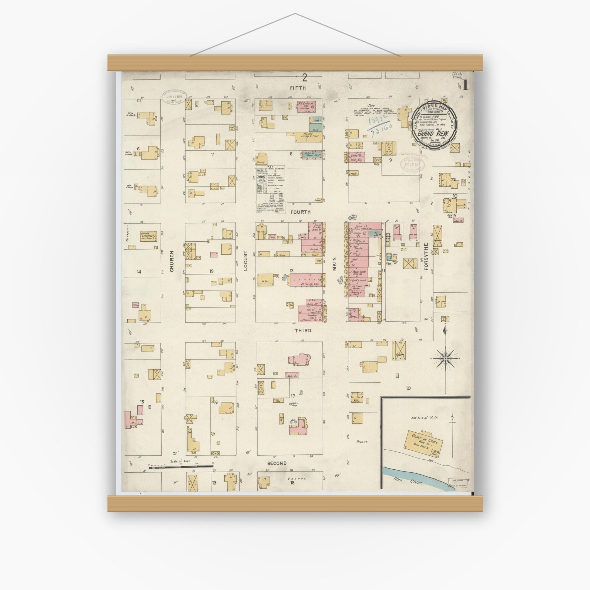 Old map wall art mockup — magnetic wood frame on white wall — Sanborn Fire Insurance Map from Grand View, Spencer County, Indiana (1898) - Complete Map Set