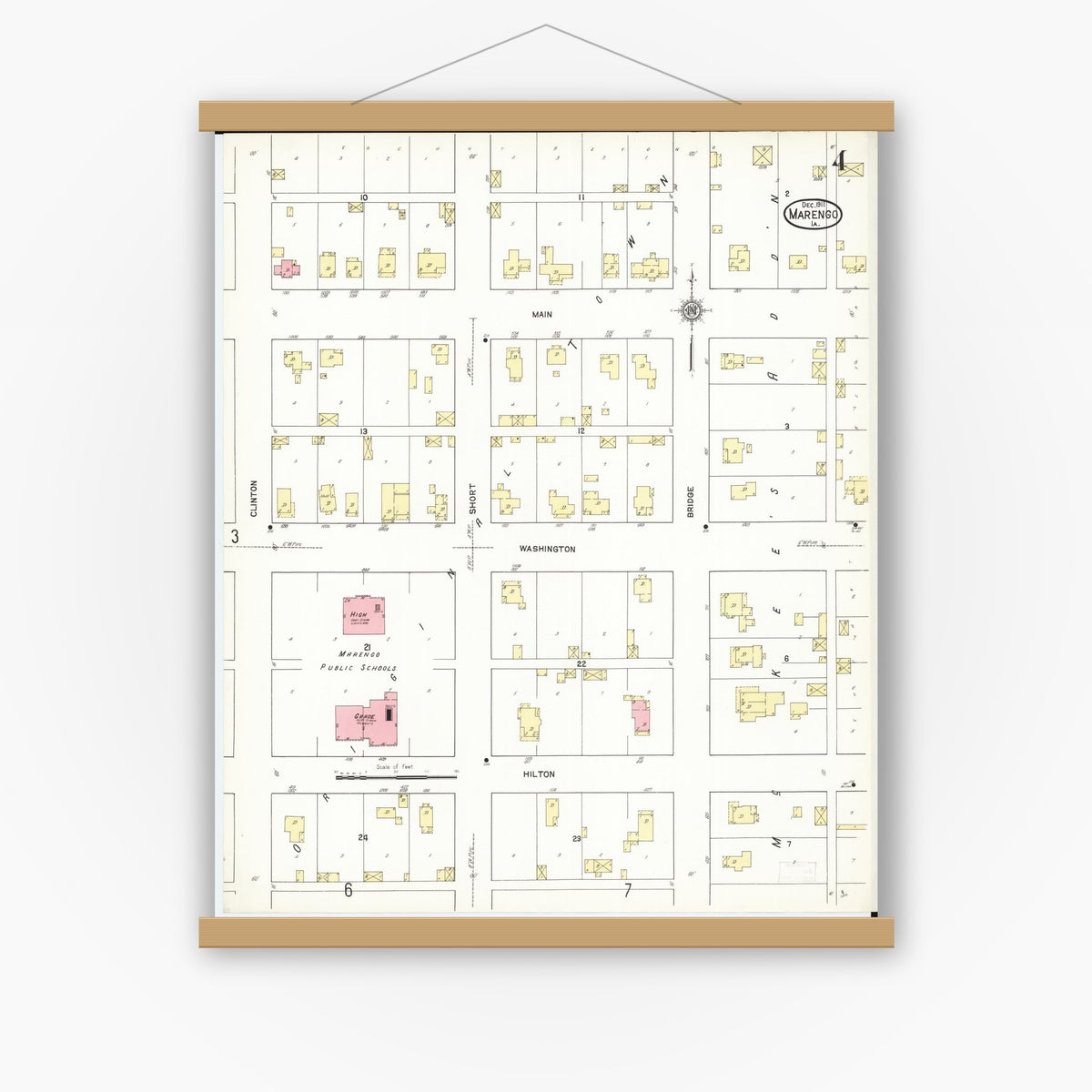 Old map wall art mockup — magnetic wood frame on white wall — Sanborn Fire Insurance Map from Marengo, Iowa County, Iowa (1911), Sheet #0004