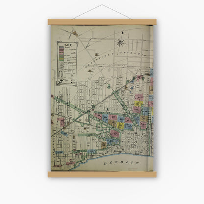 Old map wall art mockup — magnetic wood frame on white wall — Sanborn Fire Insurance Map from Detroit, Wayne County, Michigan (1889), Sheet #0001