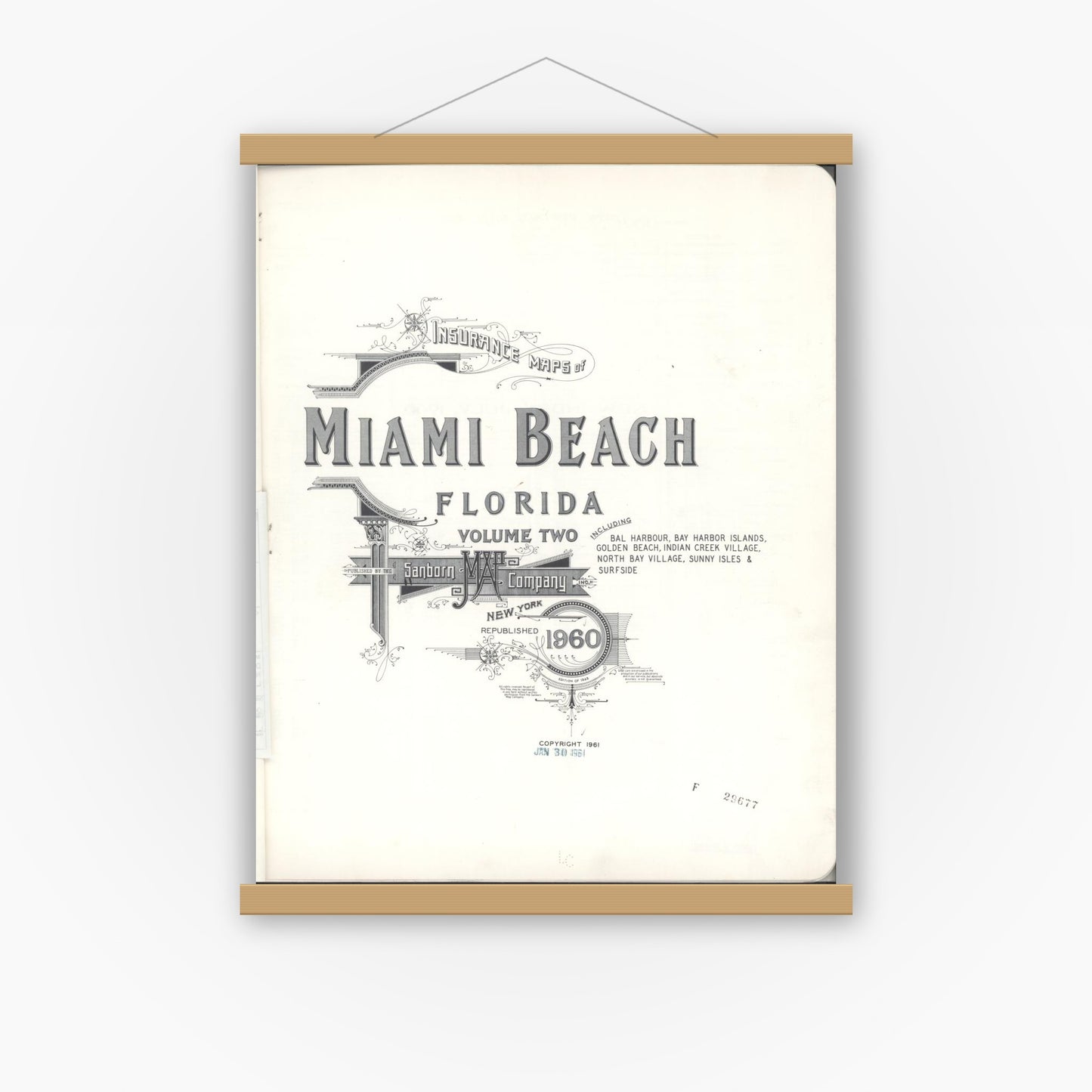 Old map wall art mockup — magnetic wood frame on white wall — Sanborn Fire Insurance Map from Miami Beach, Dade County, Florida (1960), Sheet #0001