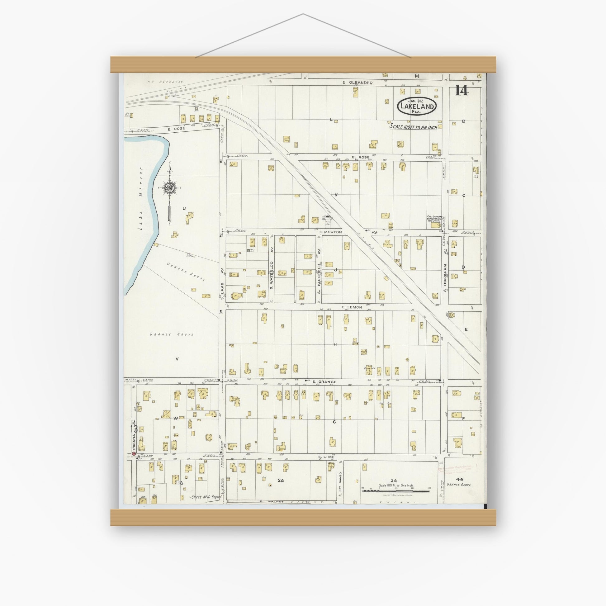 Old map wall art mockup — magnetic wood frame on white wall — Sanborn Fire Insurance Map from Lakeland, Polk County, Florida (1917), Sheet #0014