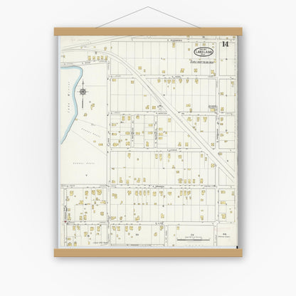 Old map wall art mockup — magnetic wood frame on white wall — Sanborn Fire Insurance Map from Lakeland, Polk County, Florida (1917), Sheet #0014