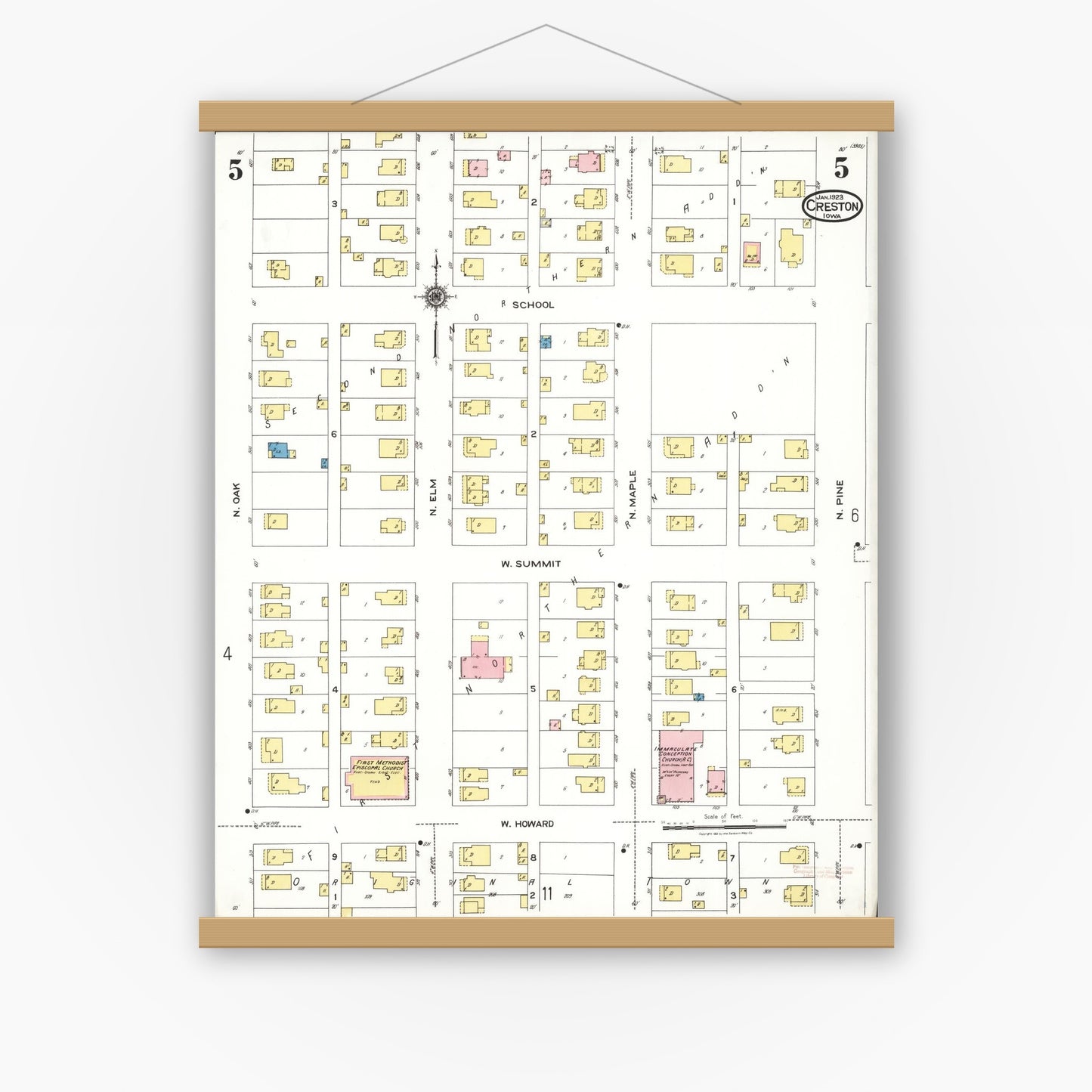 Old map wall art mockup — magnetic wood frame on white wall — Sanborn Fire Insurance Map from Creston, Union County, Iowa (1923), Sheet #0005