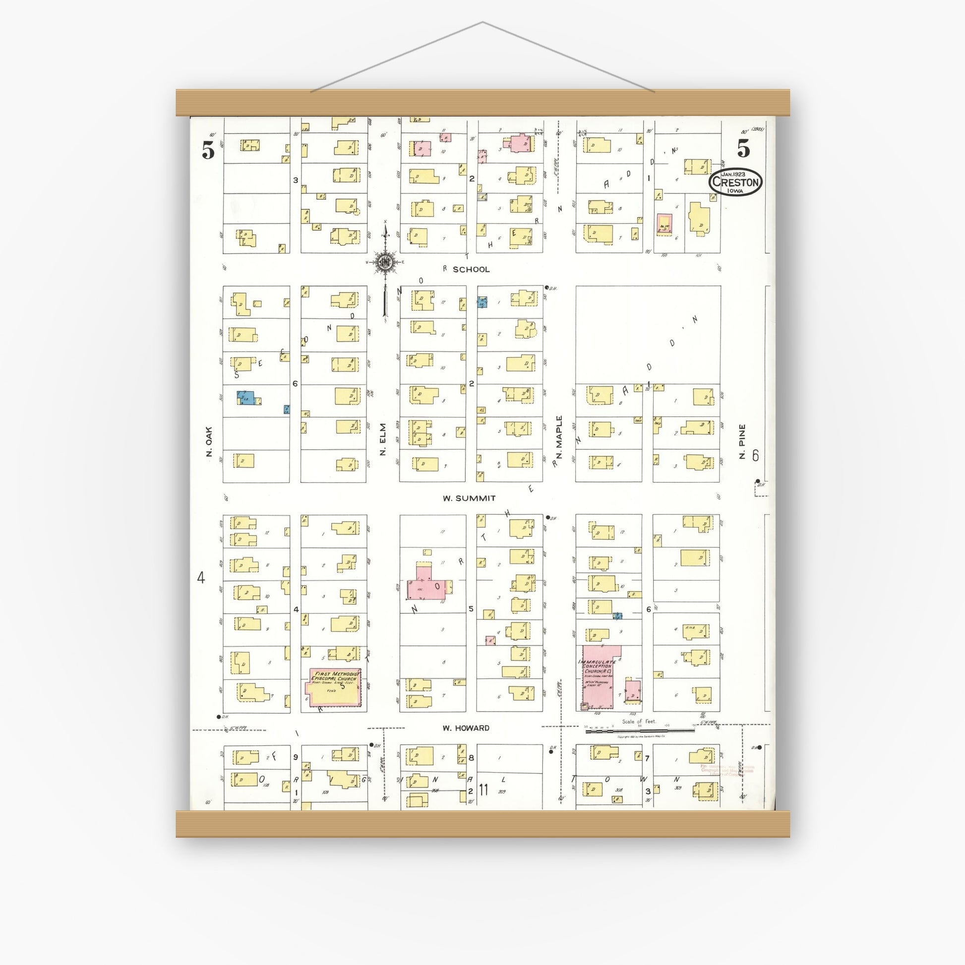 Old map wall art mockup — magnetic wood frame on white wall — Sanborn Fire Insurance Map from Creston, Union County, Iowa (1923), Sheet #0005