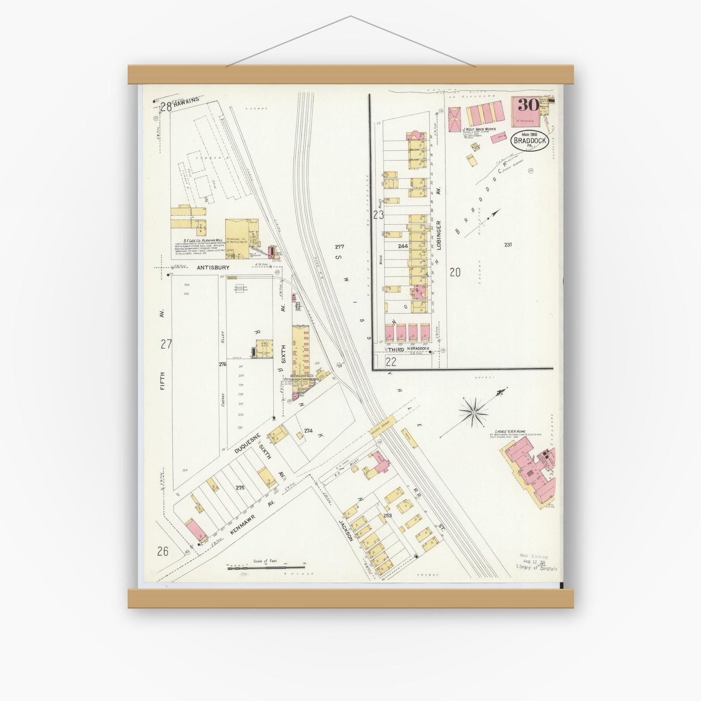 Old map wall art mockup — magnetic wood frame on white wall — Sanborn Fire Insurance Map from Braddock, Allegheny County, Pennsylvania (1908), Sheet #0030