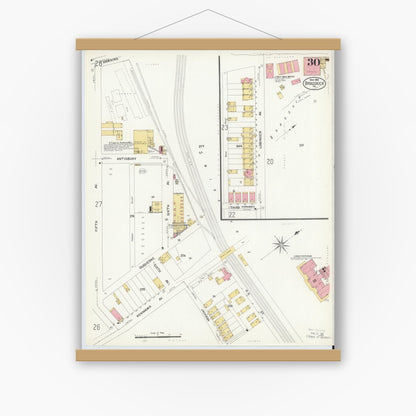 Old map wall art mockup — magnetic wood frame on white wall — Sanborn Fire Insurance Map from Braddock, Allegheny County, Pennsylvania (1908), Sheet #0030