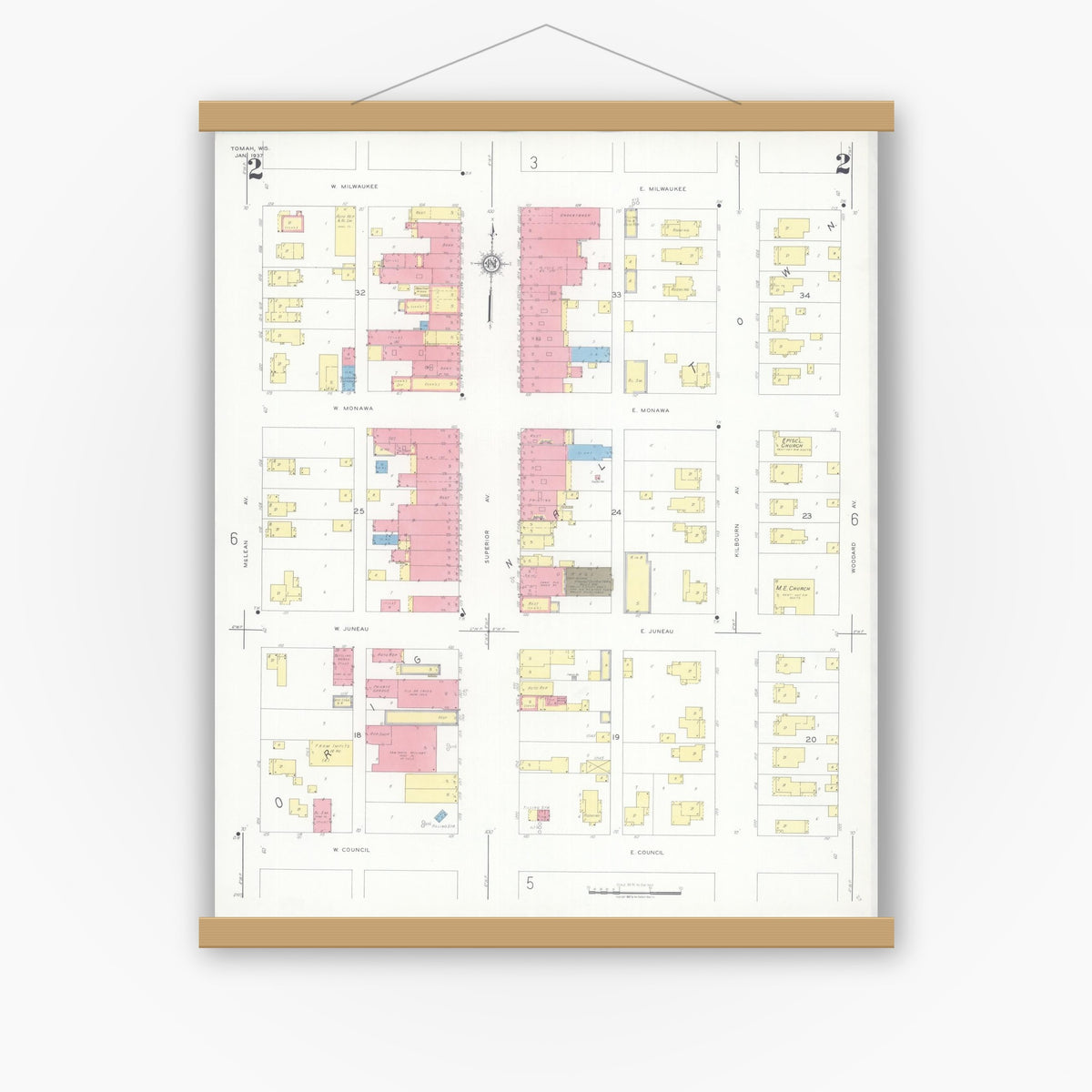 Old map wall art mockup — magnetic wood frame on white wall — Sanborn Fire Insurance Map from Tomah, Monroe County, Wisconsin (1937), Sheet #0002