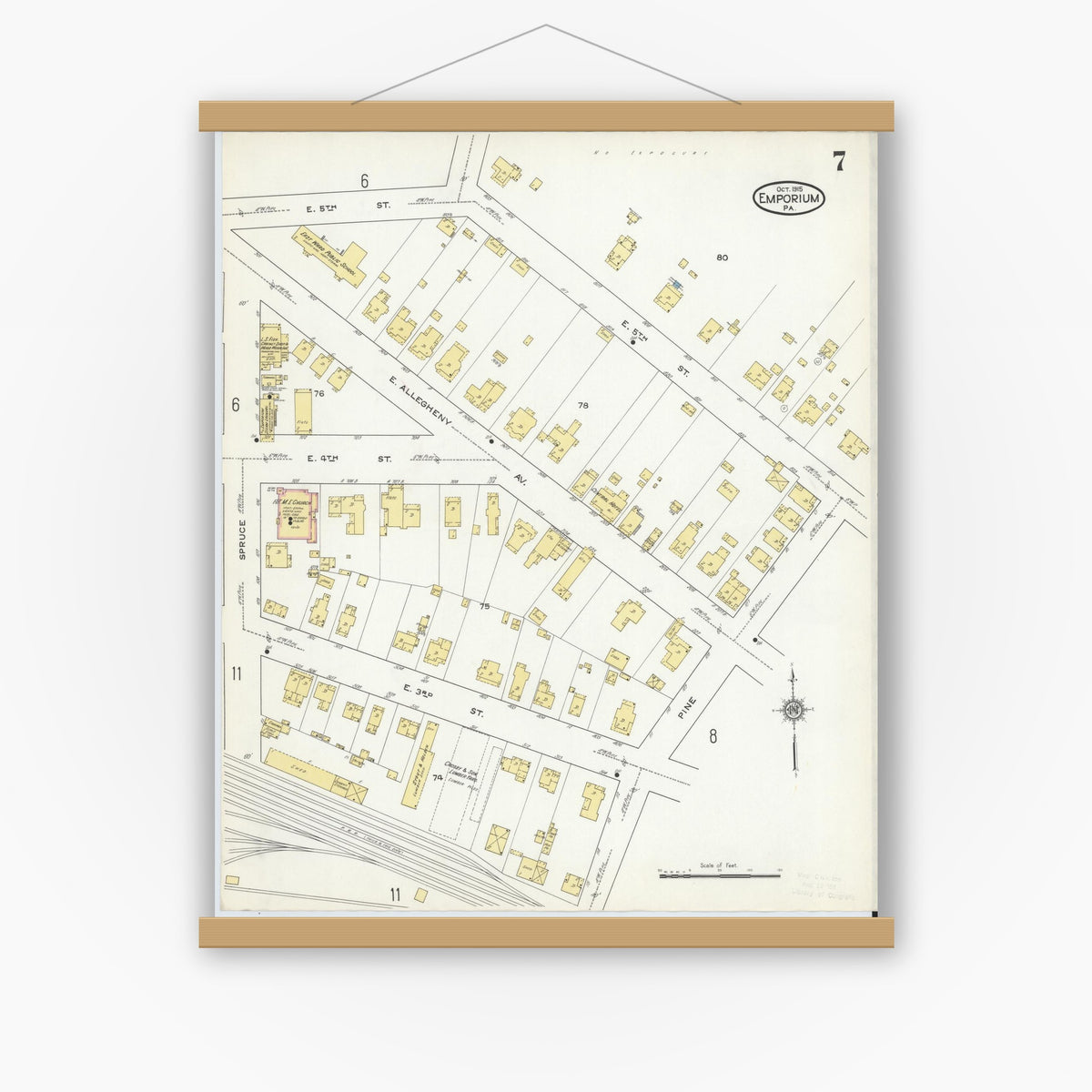 Old map wall art mockup — magnetic wood frame on white wall — Sanborn Fire Insurance Map from Emporium, Cameron County, Pennsylvania (1915), Sheet #0007