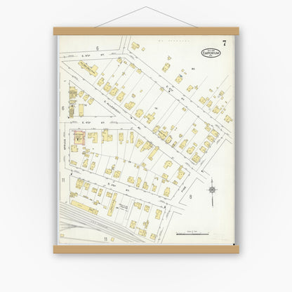 Old map wall art mockup — magnetic wood frame on white wall — Sanborn Fire Insurance Map from Emporium, Cameron County, Pennsylvania (1915), Sheet #0007