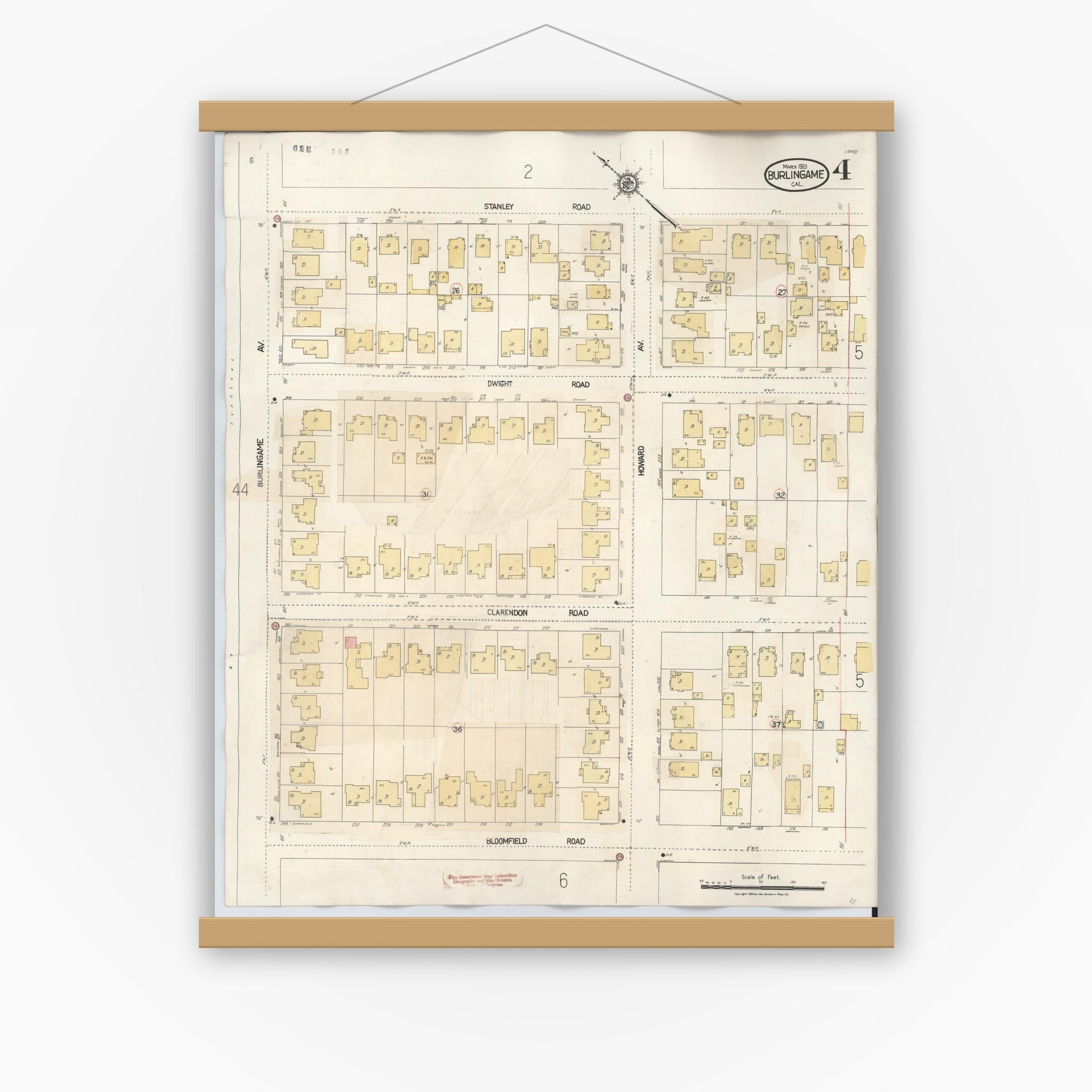 Old map wall art mockup — magnetic wood frame on white wall — Sanborn Fire Insurance Map from Burlingame, San Mateo County, California (1949), Sheet #0004