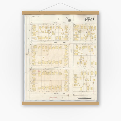 Old map wall art mockup — magnetic wood frame on white wall — Sanborn Fire Insurance Map from Burlingame, San Mateo County, California (1949), Sheet #0004