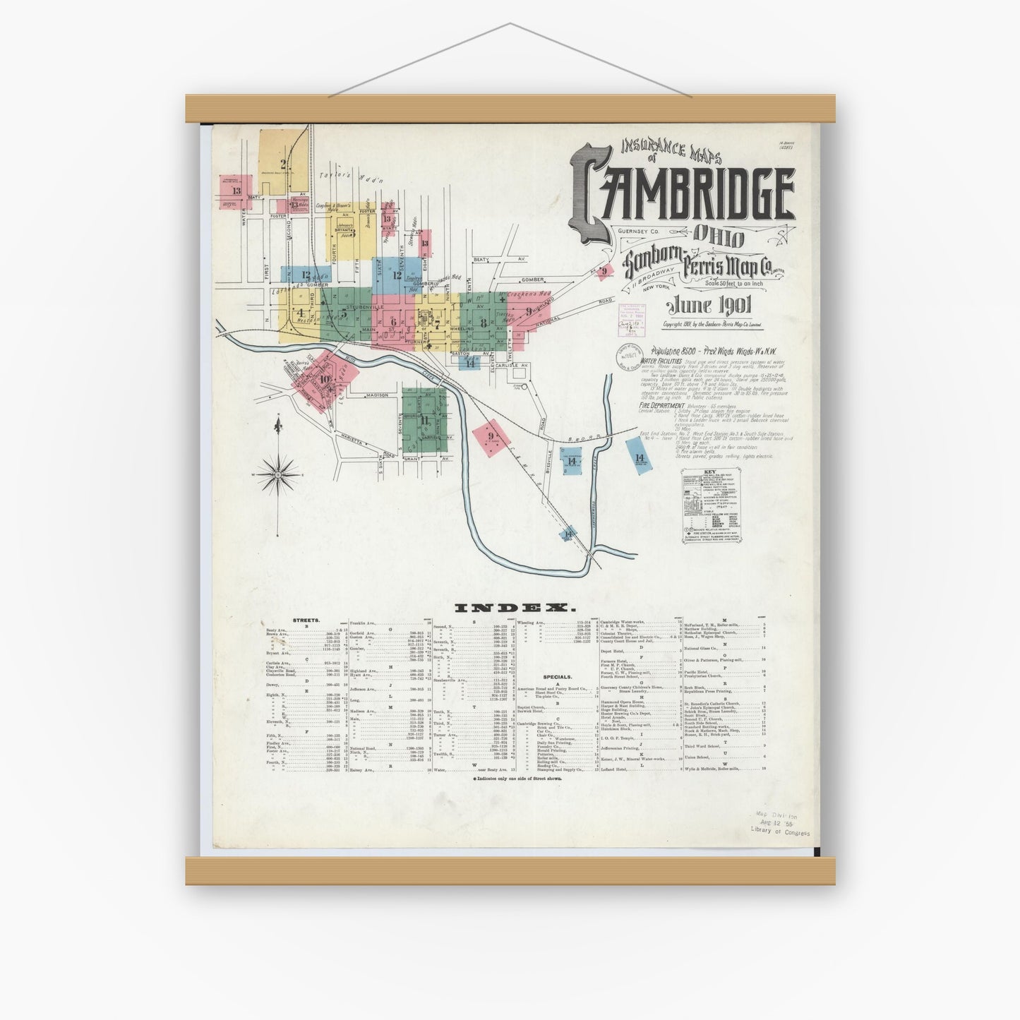 Old map wall art mockup — magnetic wood frame on white wall — Sanborn Fire Insurance Map from Cambridge, Guernsey County, Ohio (1901), Sheet #0001