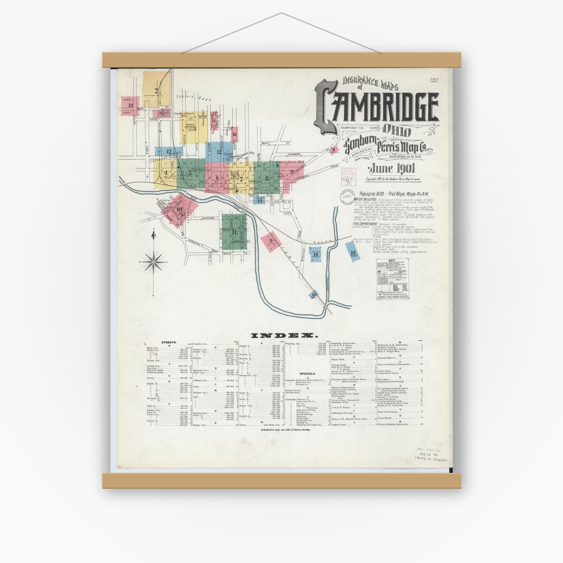 Old map wall art mockup — magnetic wood frame on white wall — Sanborn Fire Insurance Map from Cambridge, Guernsey County, Ohio (1901), Sheet #0001