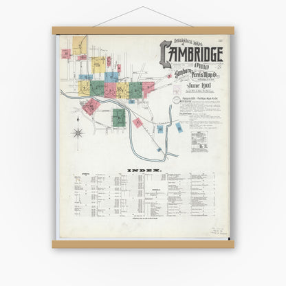Old map wall art mockup — magnetic wood frame on white wall — Sanborn Fire Insurance Map from Cambridge, Guernsey County, Ohio (1901), Sheet #0001