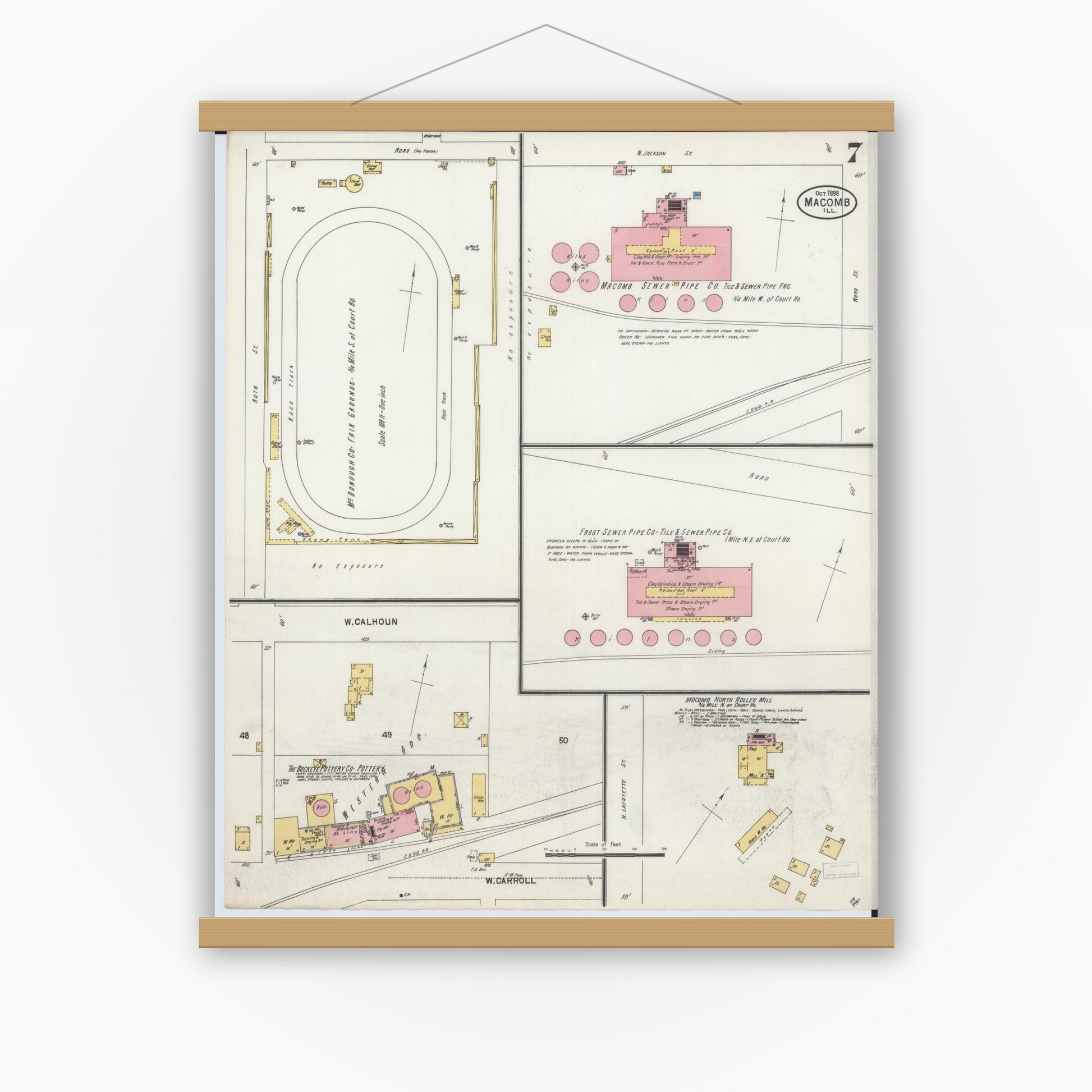 Old map wall art mockup — magnetic wood frame on white wall — Sanborn Fire Insurance Map from Macomb, Mcdonough County, Illinois (1898), Sheet #0007