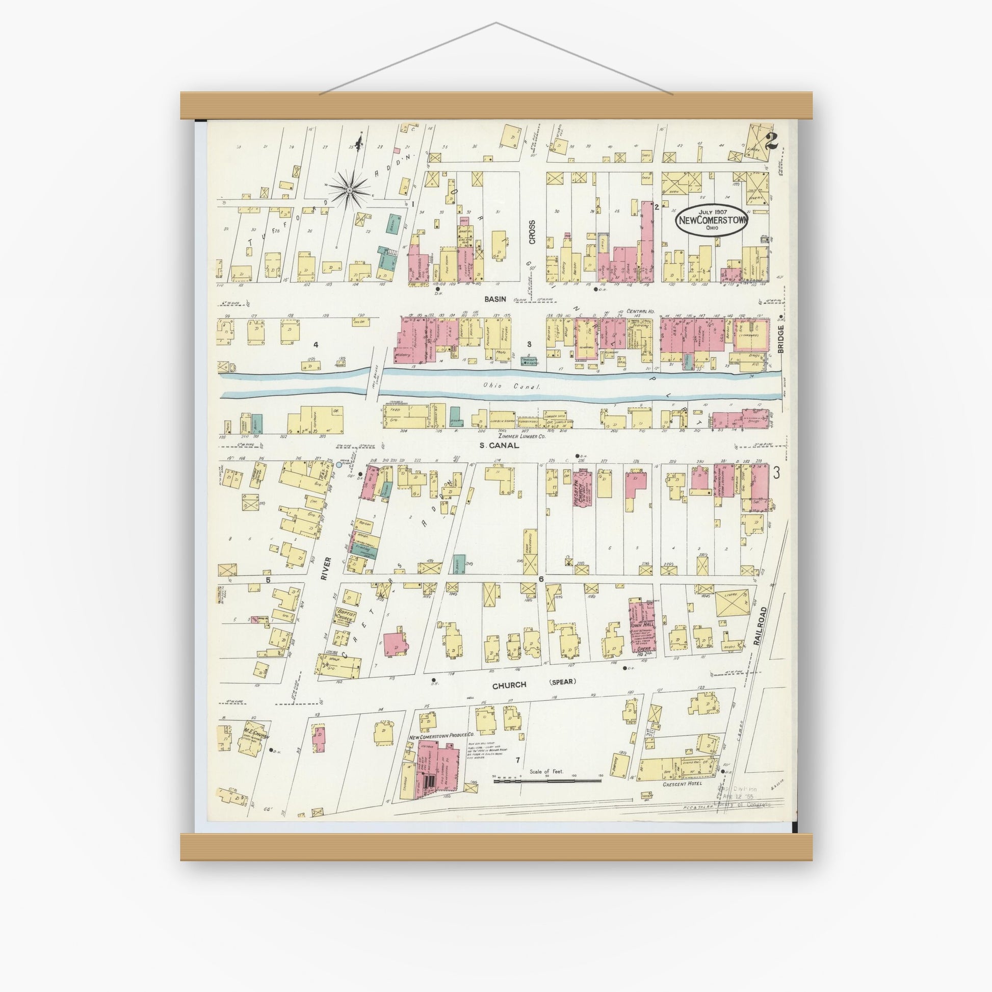 Old map wall art mockup — magnetic wood frame on white wall — Sanborn Fire Insurance Map from Newcomerstown, Tuscarawas County, Ohio (1907), Sheet #0002