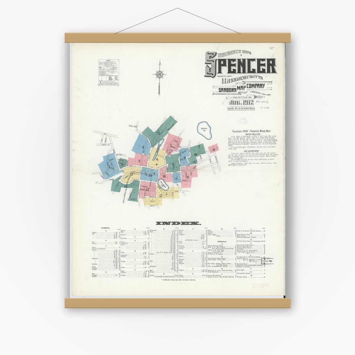 Old map wall art mockup — magnetic wood frame on white wall — Sanborn Fire Insurance Map from Spencer, Worcester County, Massachusetts (1912), Sheet #0001