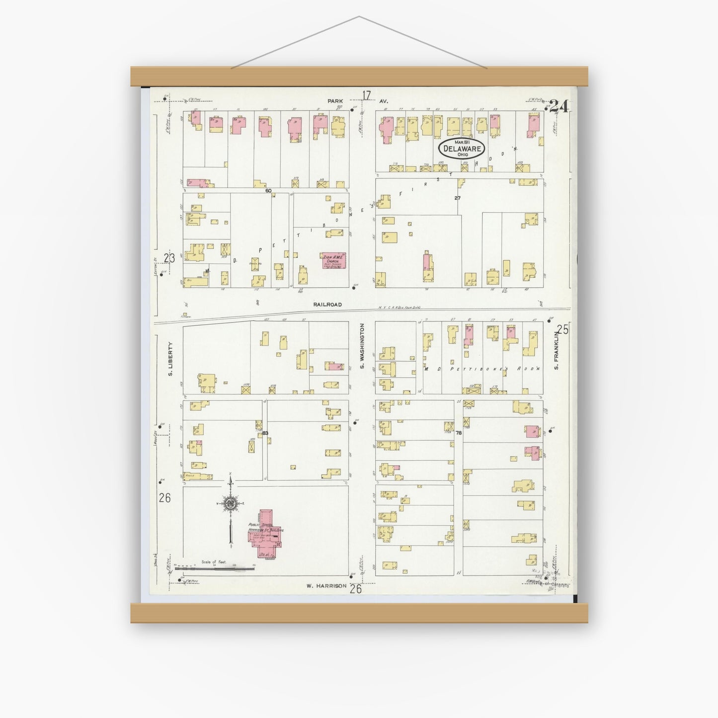 Old map wall art mockup — magnetic wood frame on white wall — Sanborn Fire Insurance Map from Delaware, Delaware County, Ohio (1911), Sheet #0024