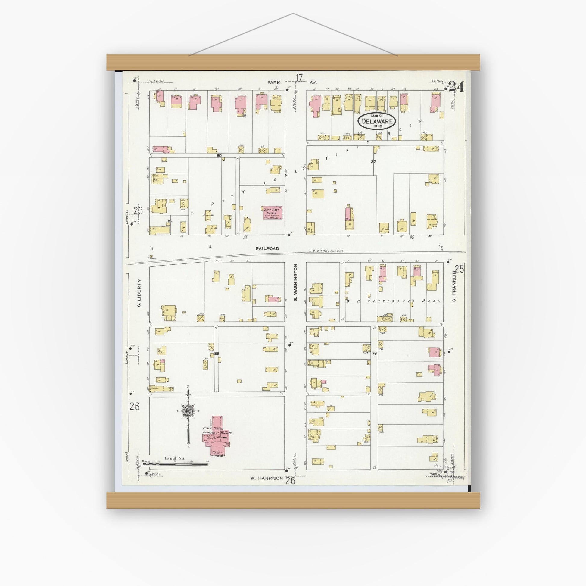 Old map wall art mockup — magnetic wood frame on white wall — Sanborn Fire Insurance Map from Delaware, Delaware County, Ohio (1911), Sheet #0024