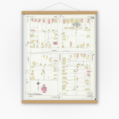 Old map wall art mockup — magnetic wood frame on white wall — Sanborn Fire Insurance Map from Delaware, Delaware County, Ohio (1911), Sheet #0024