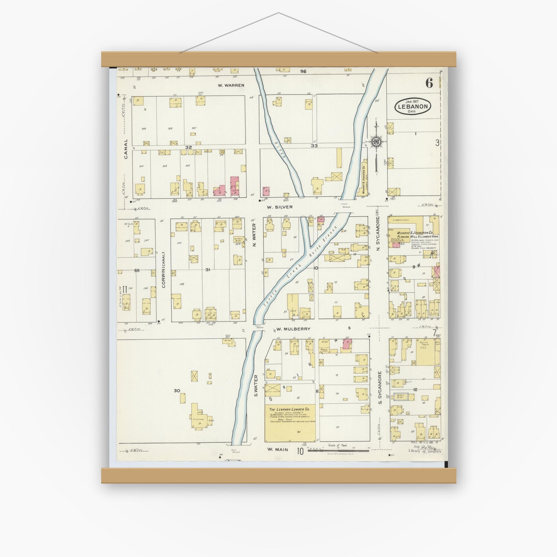 Old map wall art mockup — magnetic wood frame on white wall — Sanborn Fire Insurance Map from Lebanon, Warren County, Ohio (1917), Sheet #0006