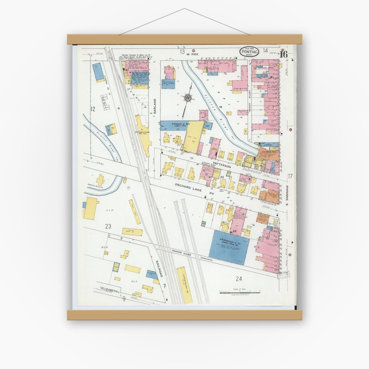 Old map wall art mockup — magnetic wood frame on white wall — Sanborn Fire Insurance Map from Pontiac, Oakland County, Michigan (1919), Sheet #0016