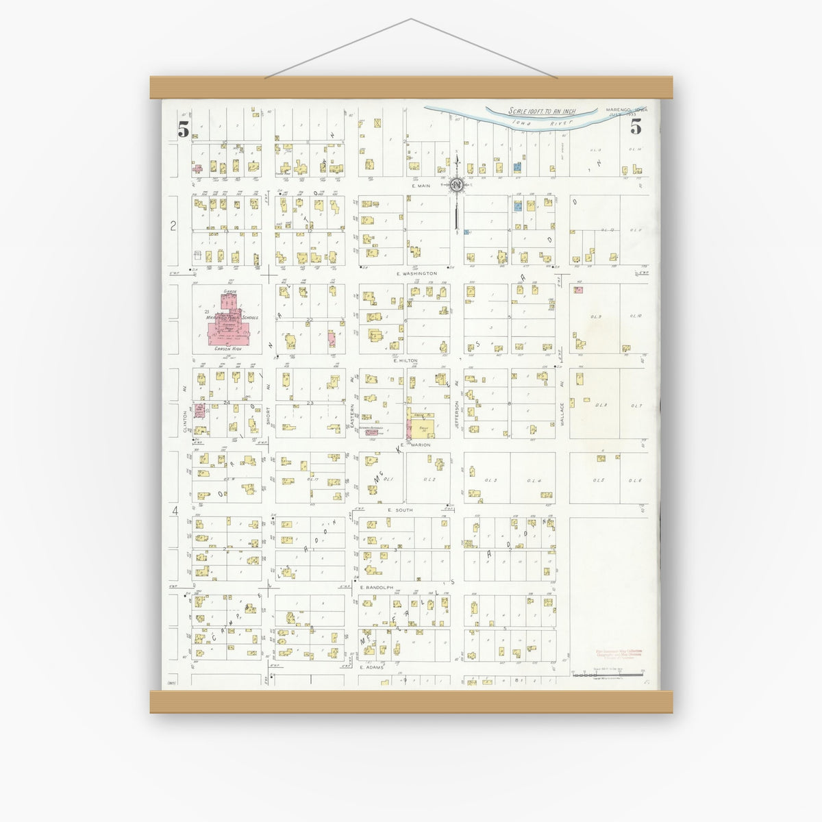 Old map wall art mockup — magnetic wood frame on white wall — Sanborn Fire Insurance Map from Marengo, Iowa County, Iowa (1933), Sheet #0005