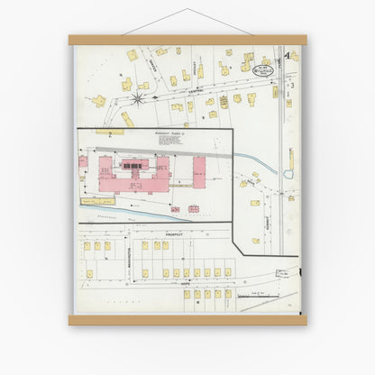 Old map wall art mockup — magnetic wood frame on white wall — Sanborn Fire Insurance Map from Millville, Worcester County, Massachusetts (1903), Sheet #0004
