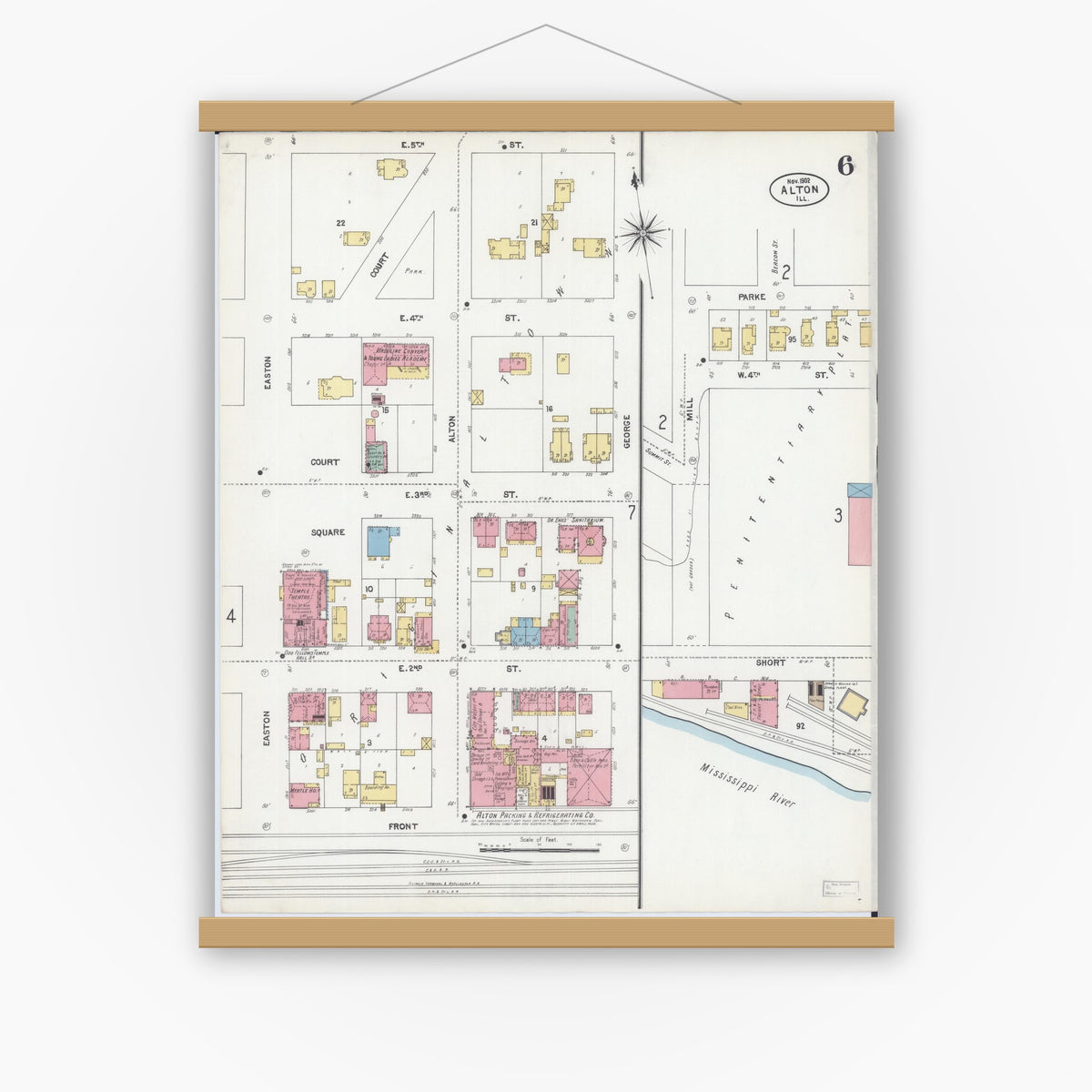 Old map wall art mockup — magnetic wood frame on white wall — Sanborn Fire Insurance Map from Alton, Madison County, Illinois (1902), Sheet #0006