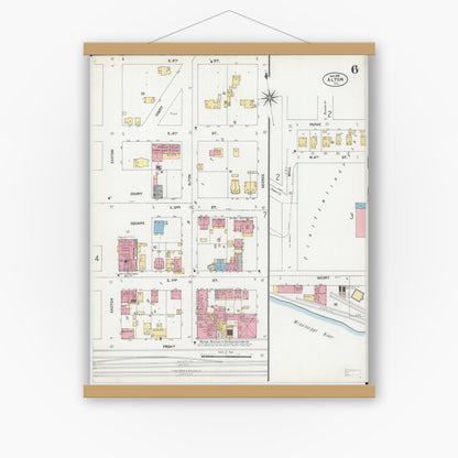 Old map wall art mockup — magnetic wood frame on white wall — Sanborn Fire Insurance Map from Alton, Madison County, Illinois (1902), Sheet #0006