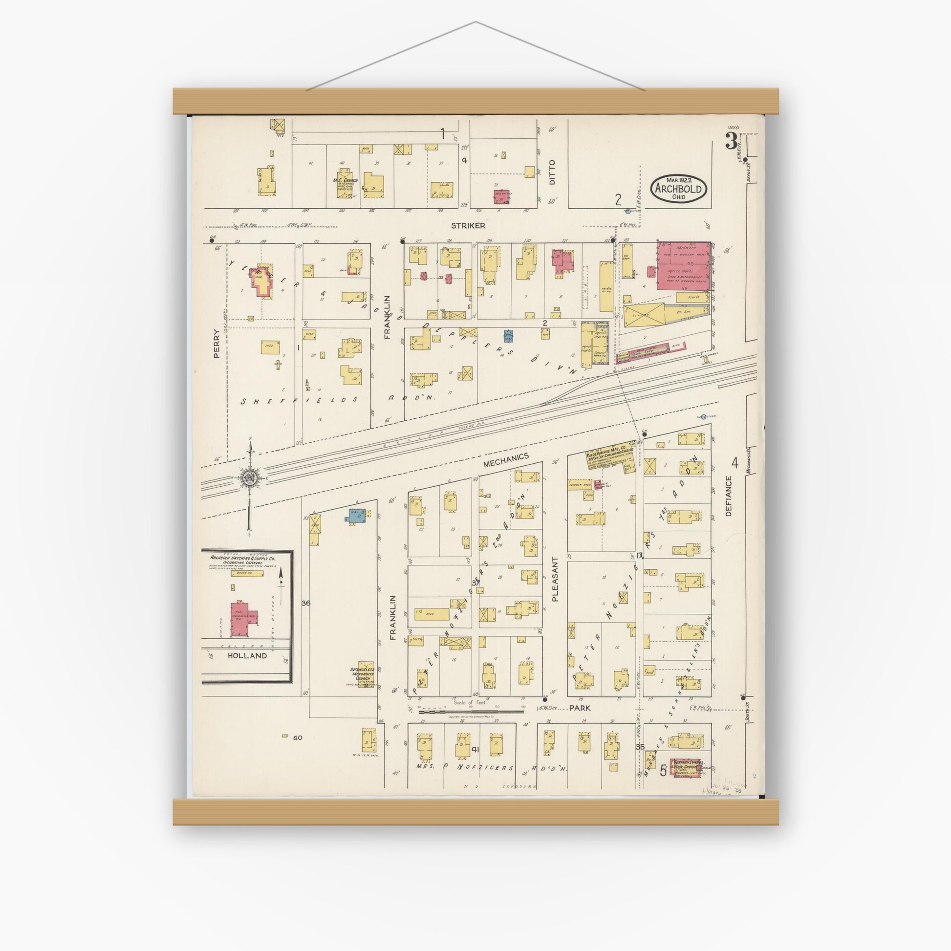 Old map wall art mockup — magnetic wood frame on white wall — Sanborn Fire Insurance Map from Archbold, Fulton County, Ohio (1922), Sheet #0003