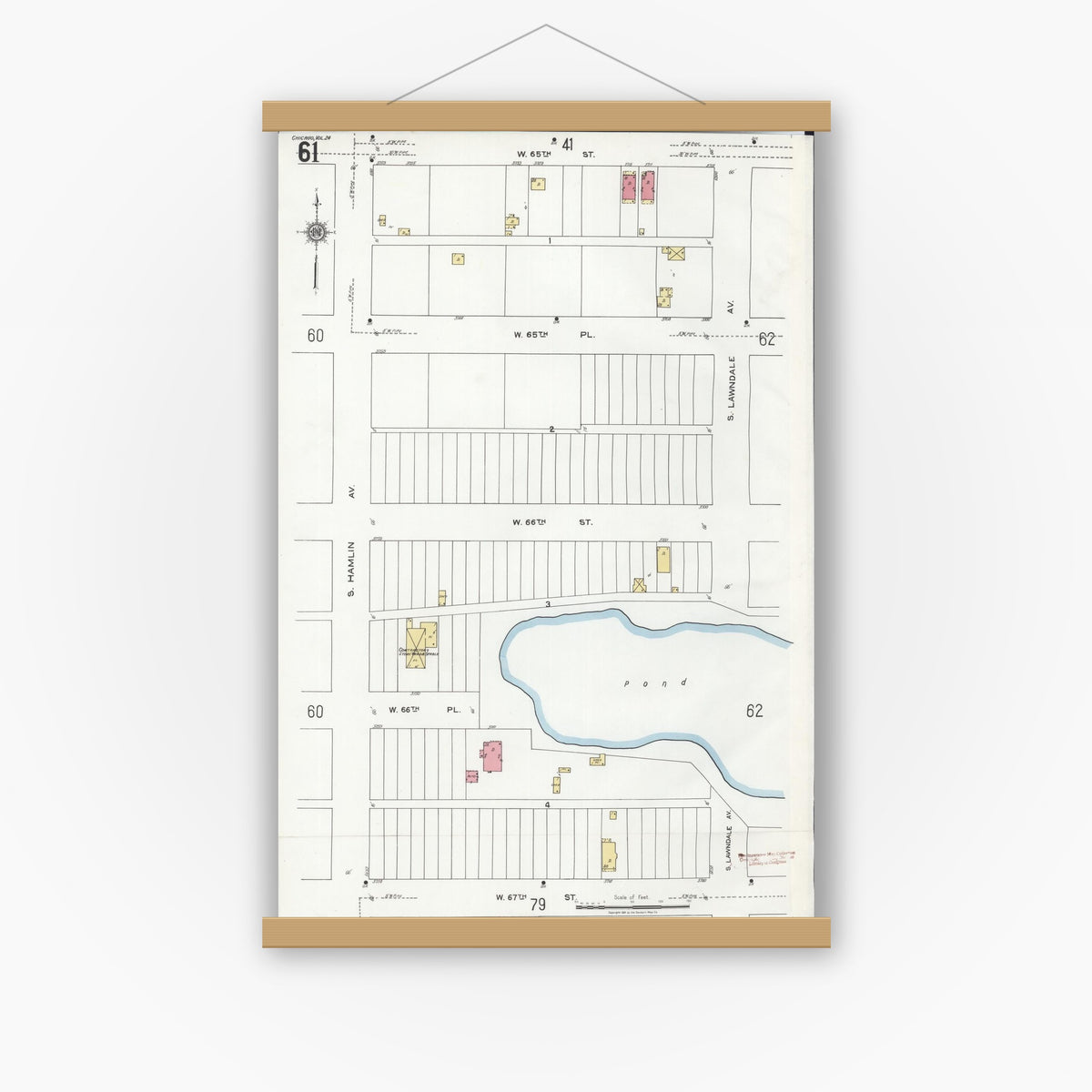Old map wall art mockup — magnetic wood frame on white wall — Sanborn Fire Insurance Map from Chicago, Cook County, Illinois (1920), Sheet #0061