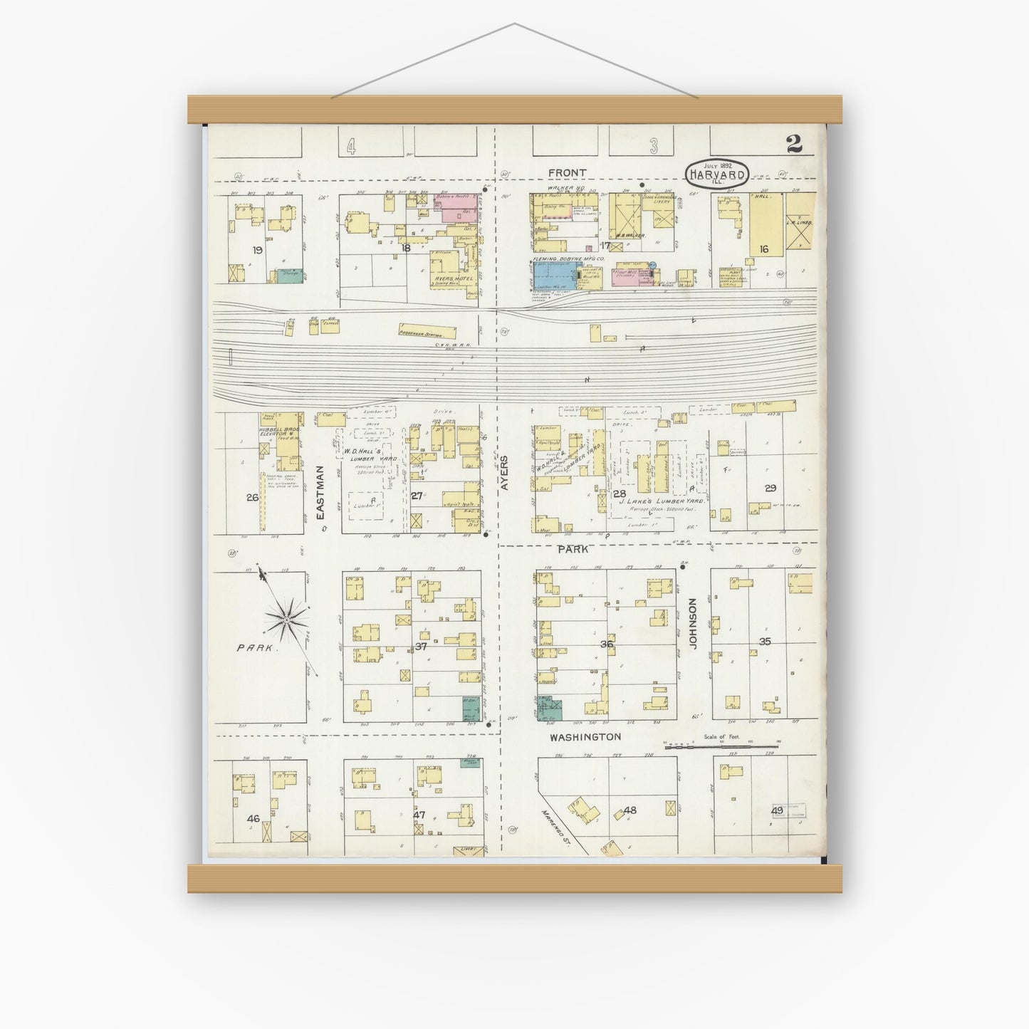Old map wall art mockup — magnetic wood frame on white wall — Sanborn Fire Insurance Map from Harvard, McHenry County, Illinois (1892), Sheet #0002