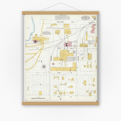 Old map wall art mockup — magnetic wood frame on white wall — Sanborn Fire Insurance Map from Marshfield, Wood County, Wisconsin (1904), Sheet #0006