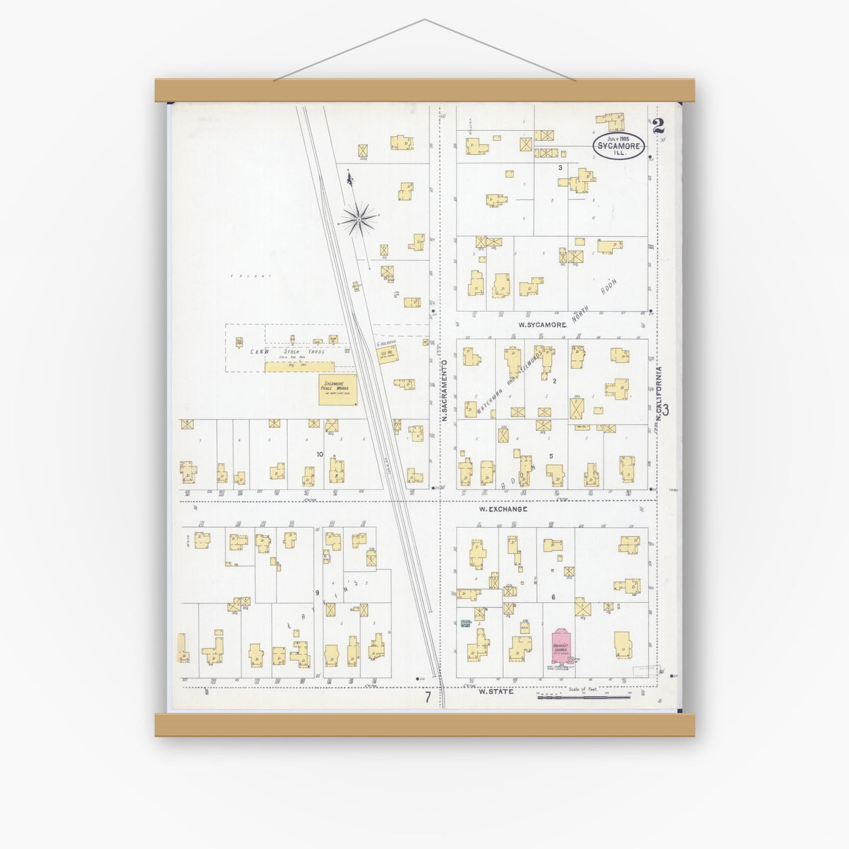 Old map wall art mockup — magnetic wood frame on white wall — Sanborn Fire Insurance Map from Sycamore, De Kalb County, Illinois (1905), Sheet #0002