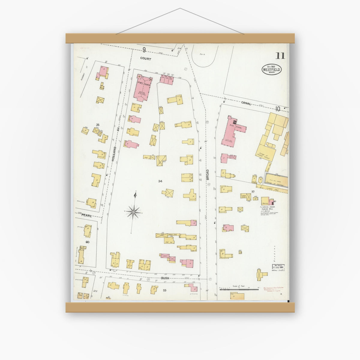 Old map wall art mockup — magnetic wood frame on white wall — Sanborn Fire Insurance Map from Westfield, Hampden County, Massachusetts (1900), Sheet #0011