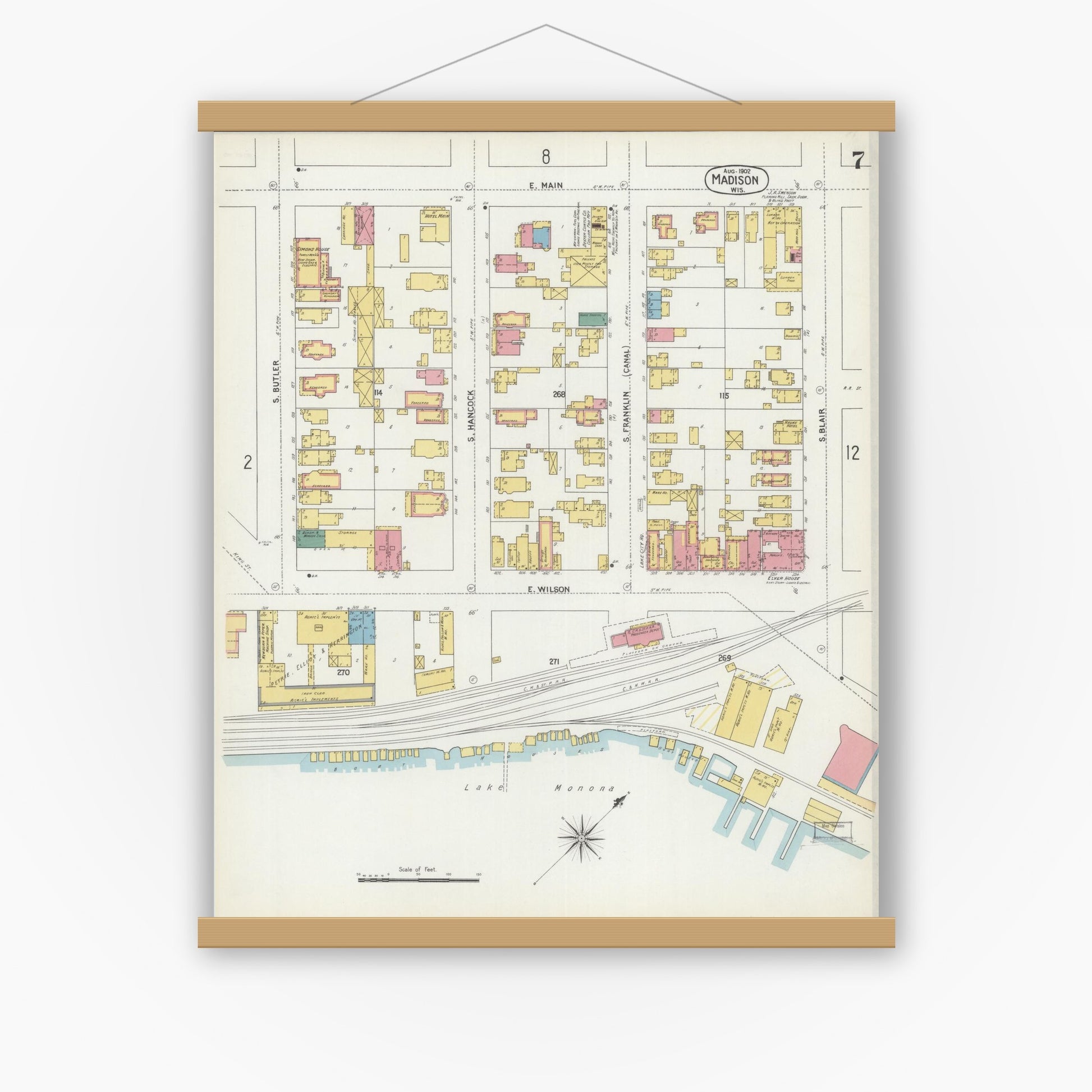 Old map wall art mockup — magnetic wood frame on white wall — Sanborn Fire Insurance Map from Madison, Dane County, Wisconsin (1902), Sheet #0007