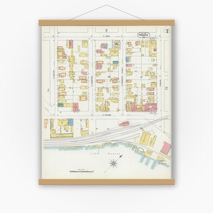 Old map wall art mockup — magnetic wood frame on white wall — Sanborn Fire Insurance Map from Madison, Dane County, Wisconsin (1902), Sheet #0007