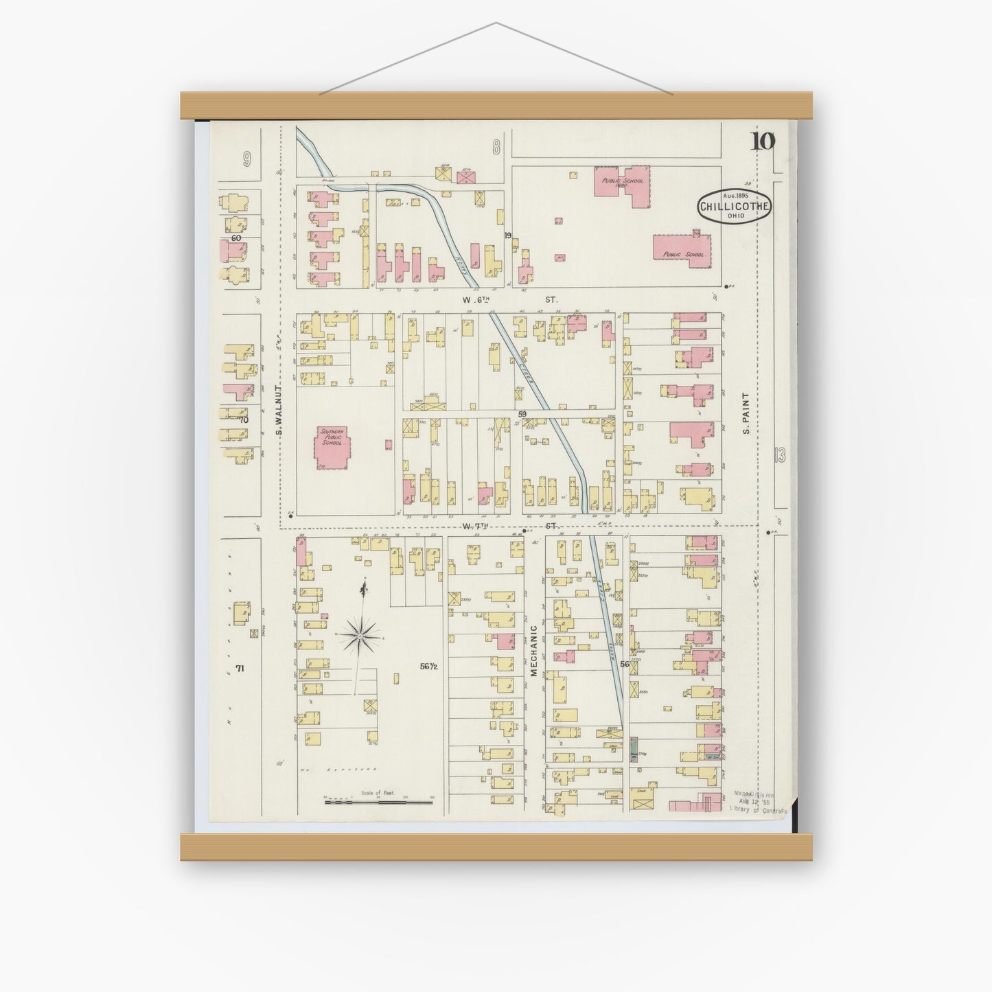 Old map wall art mockup — magnetic wood frame on white wall — Sanborn Fire Insurance Map from Chillicothe, Ross County, Ohio (1895), Sheet #0010