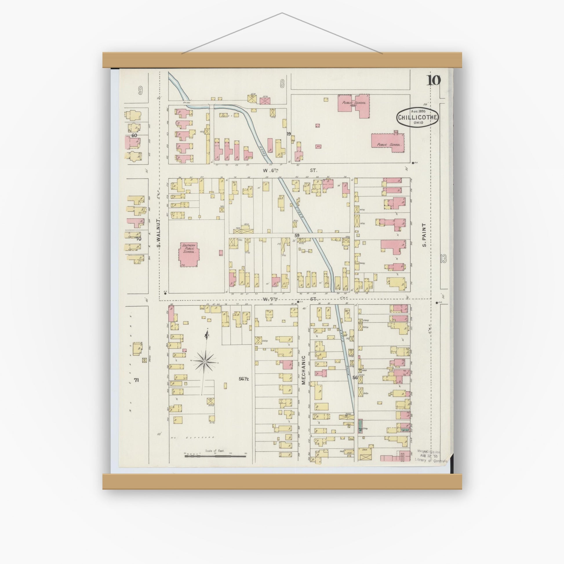 Old map wall art mockup — magnetic wood frame on white wall — Sanborn Fire Insurance Map from Chillicothe, Ross County, Ohio (1895), Sheet #0010