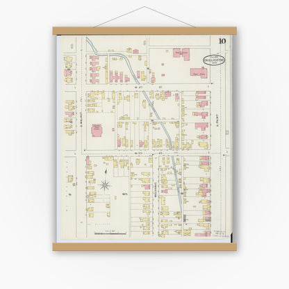 Old map wall art mockup — magnetic wood frame on white wall — Sanborn Fire Insurance Map from Chillicothe, Ross County, Ohio (1895), Sheet #0010