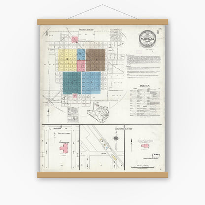 Old map wall art mockup — magnetic wood frame on white wall — Sanborn Fire Insurance Map from Floydada, Floyd County, Texas (1925), Sheet #0001