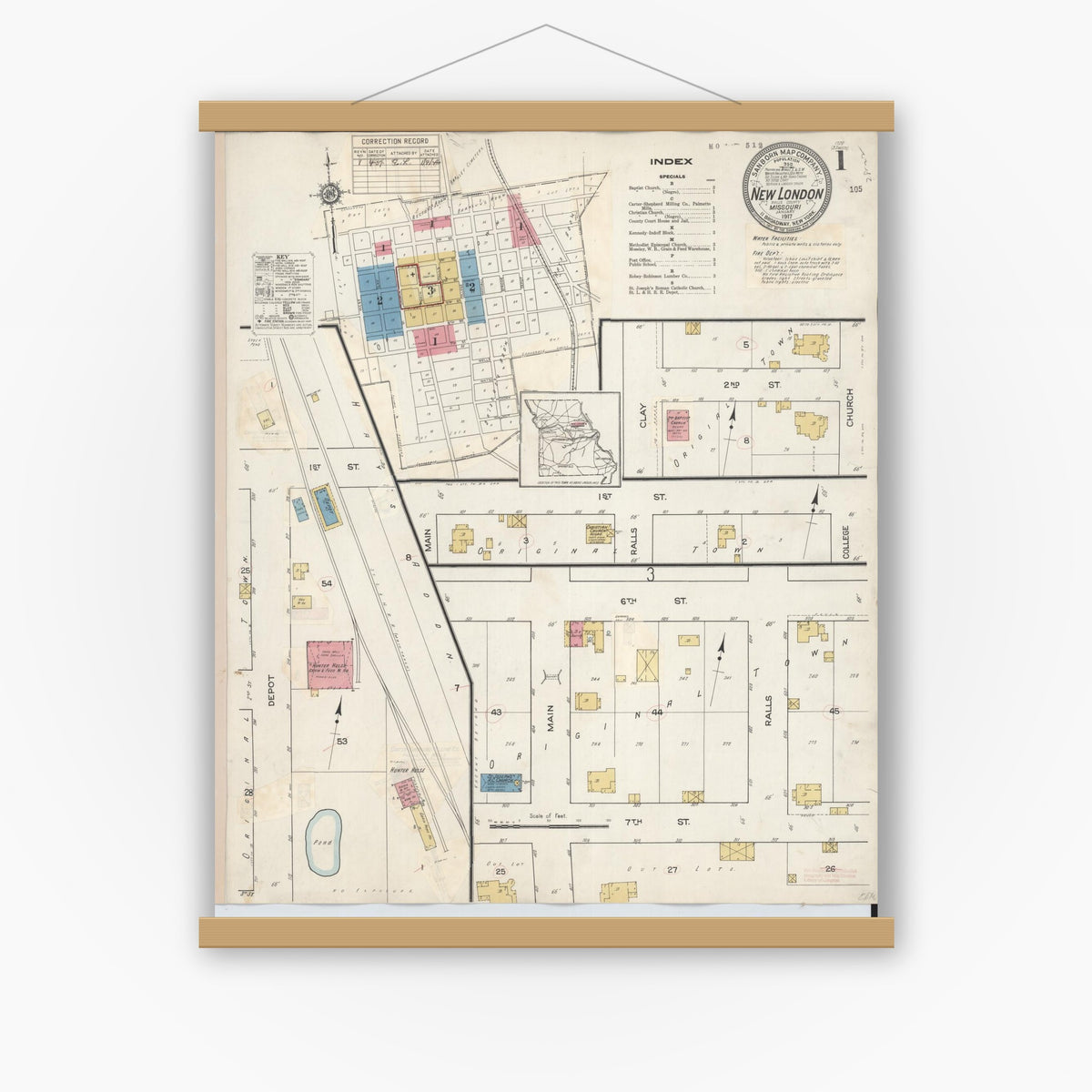 Old map wall art mockup — magnetic wood frame on white wall — Sanborn Fire Insurance Map from New London, Ralls County, Missouri (1937) - Complete Map Set