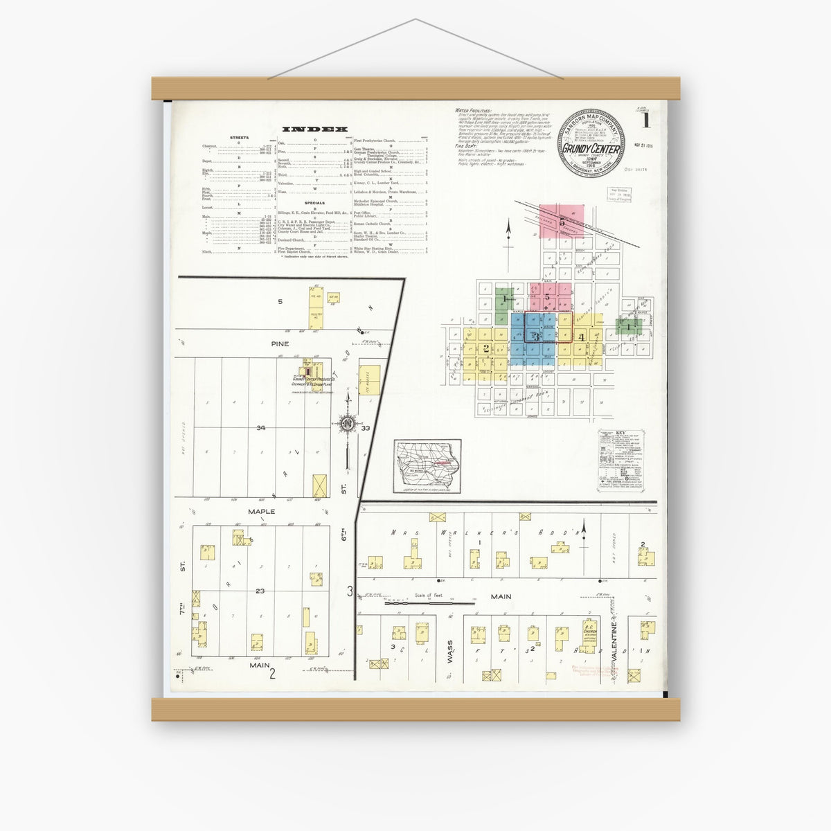 Old map wall art mockup — magnetic wood frame on white wall — Sanborn Fire Insurance Map from Grundy Center, Grundy County, Iowa (1916) â€” Complete Set