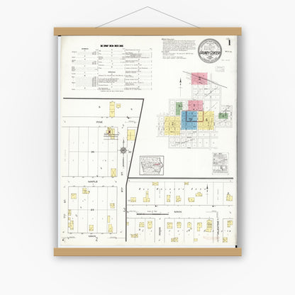Old map wall art mockup — magnetic wood frame on white wall — Sanborn Fire Insurance Map from Grundy Center, Grundy County, Iowa (1916) â€” Complete Set