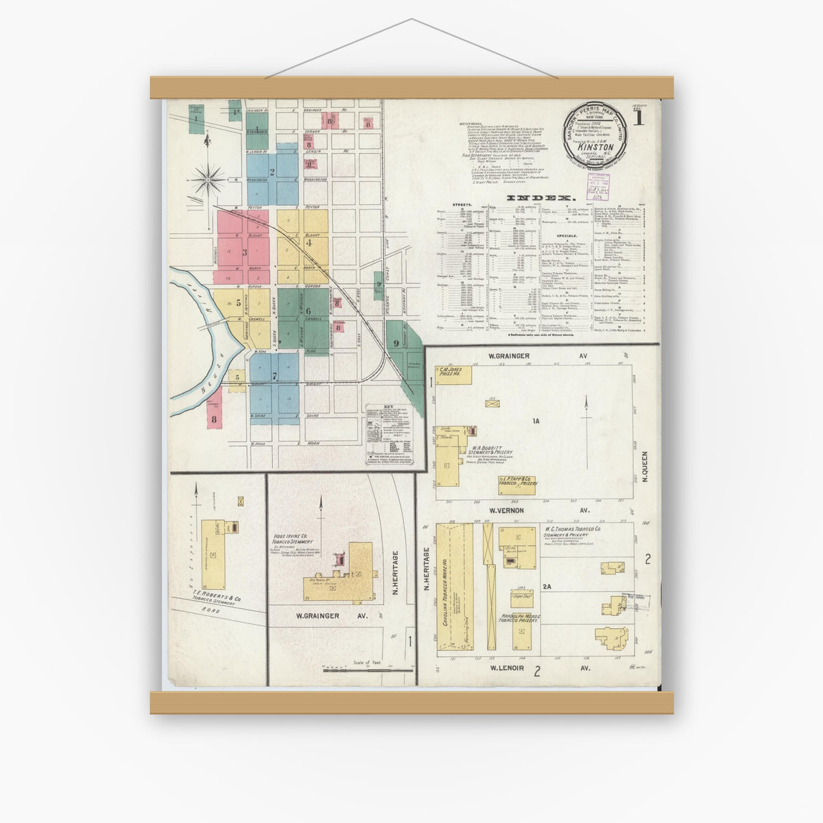 Old map wall art mockup — magnetic wood frame on white wall — Sanborn Fire Insurance Map from Kinston, Lenoir County, North Carolina (1901) - Complete Map Set